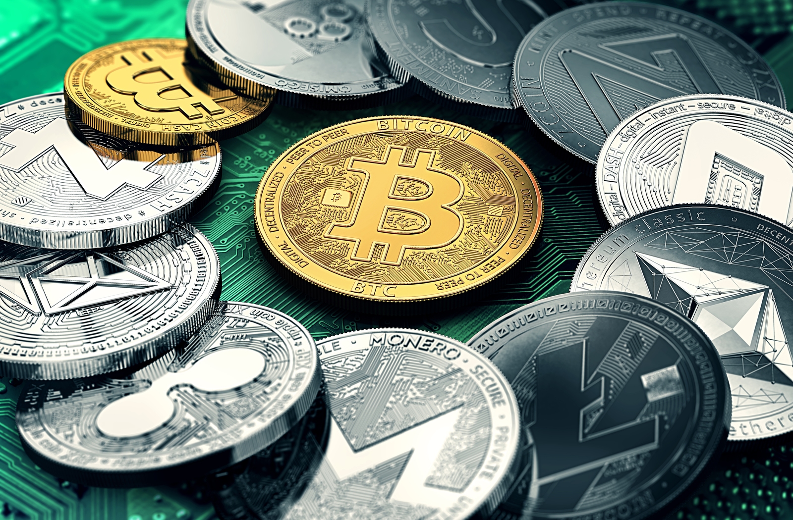 A collection of different cryptocurrencies shaped into coins, placed in a circle surrounding a bitcoin all laying on top of a computer chip