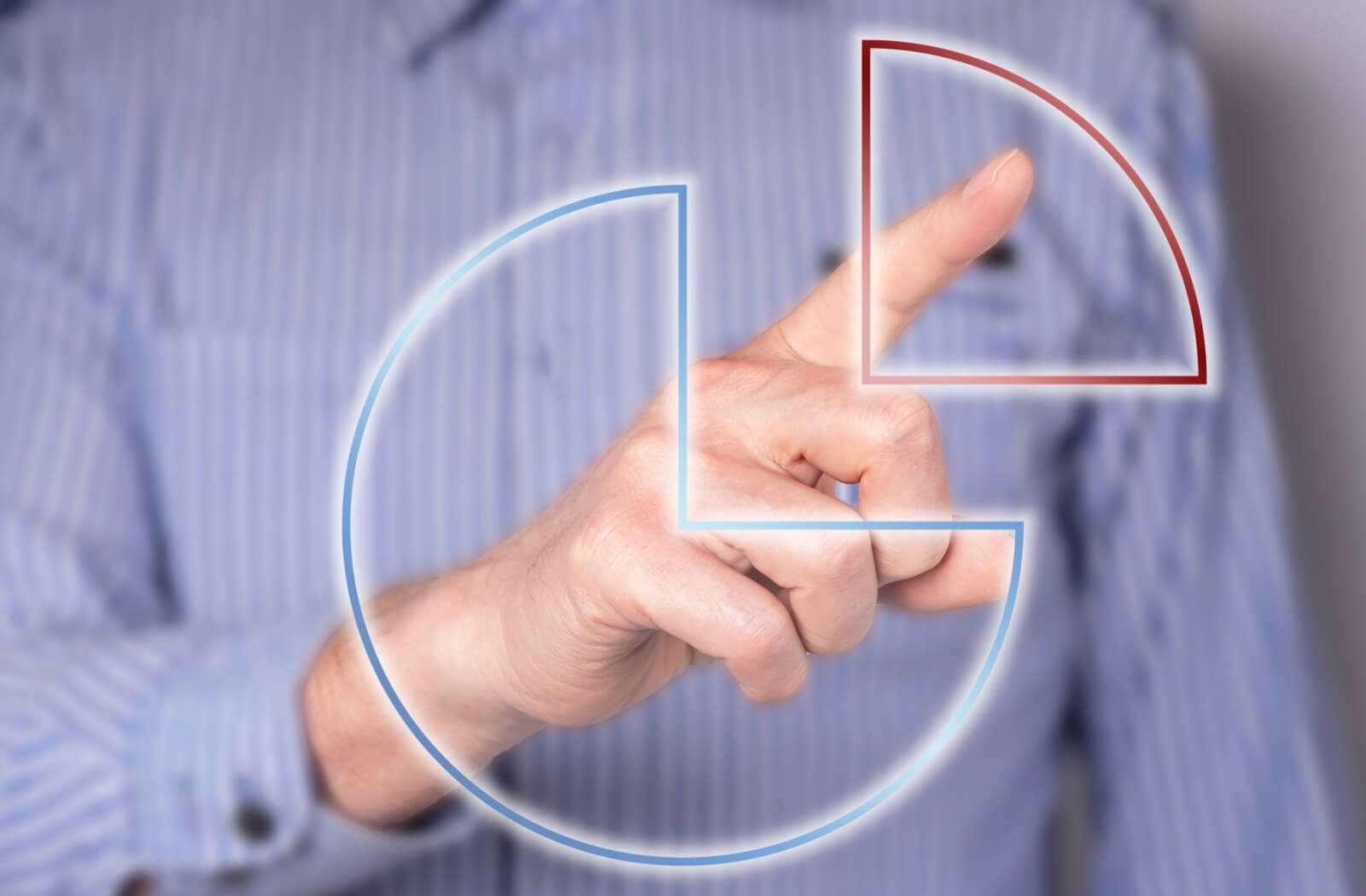 A man in a blue long-sleeve shirt is touching a part of a pie chart showing the percentage of a target loss ratio.
