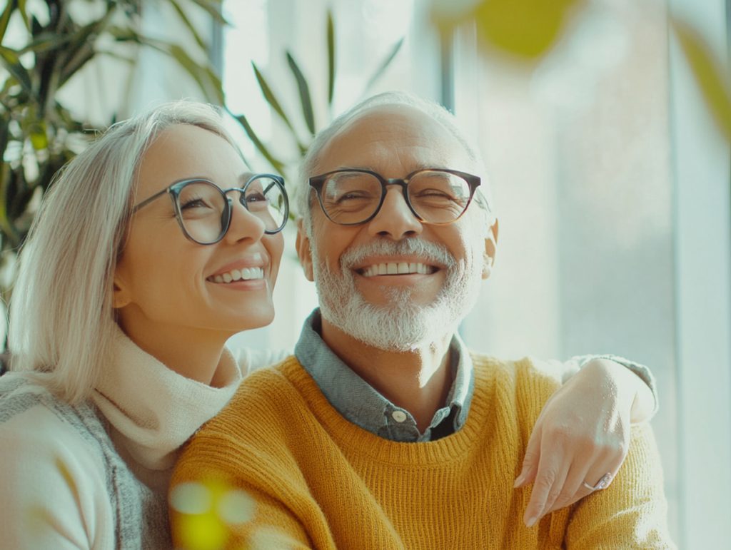 elderly couple sitting in the sunshine enjoying their life