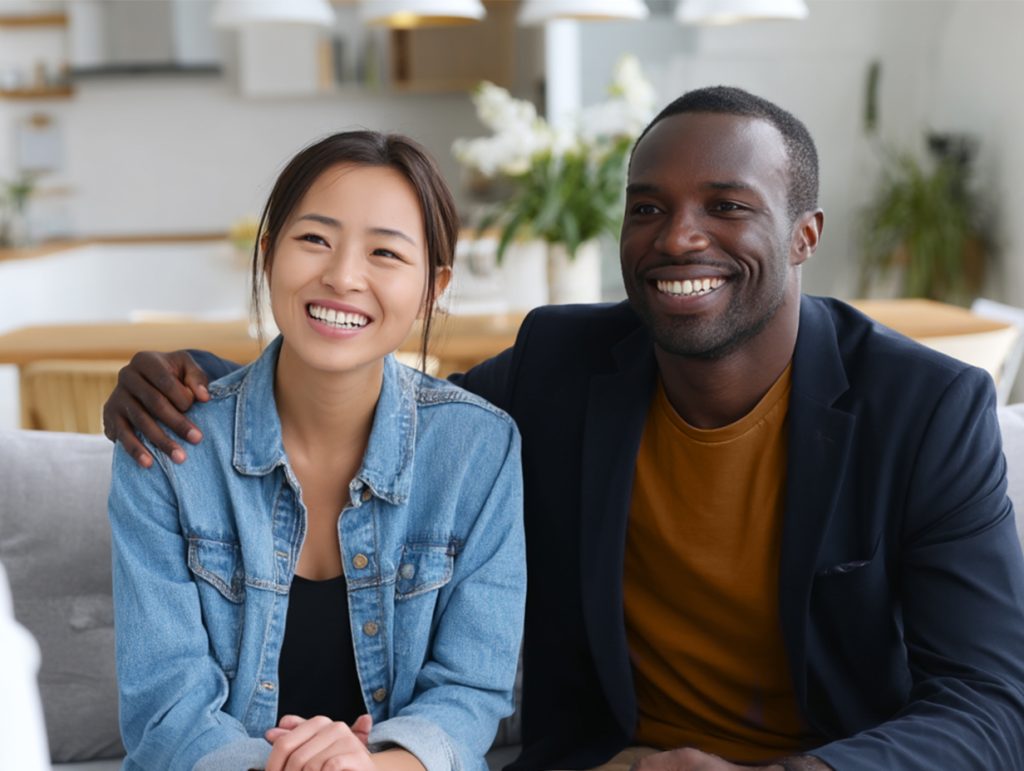 Bi racial couple sitting happy on a counch