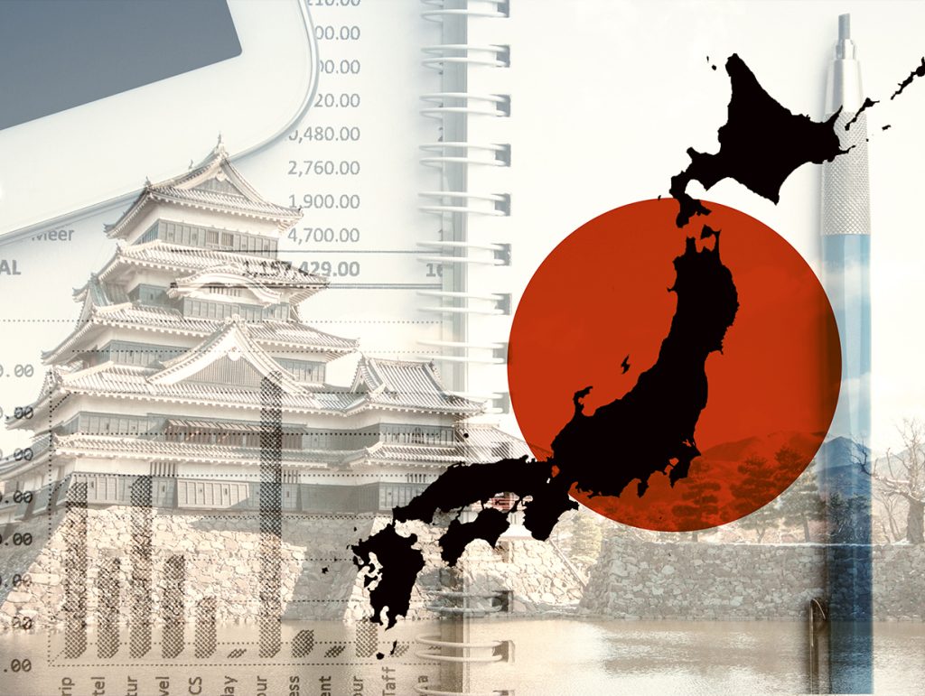 Japan map over it's flag with a Japanese building in the background