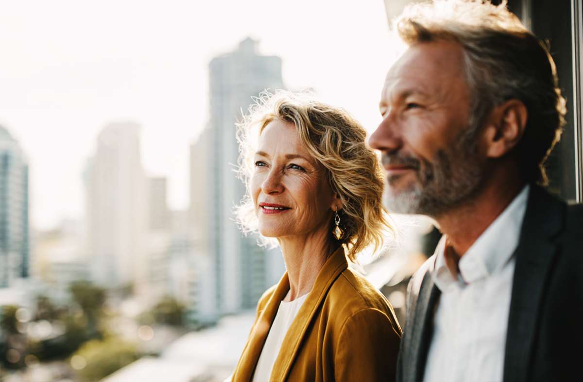 retired couple enjoying the sunrise in the city on their balcony