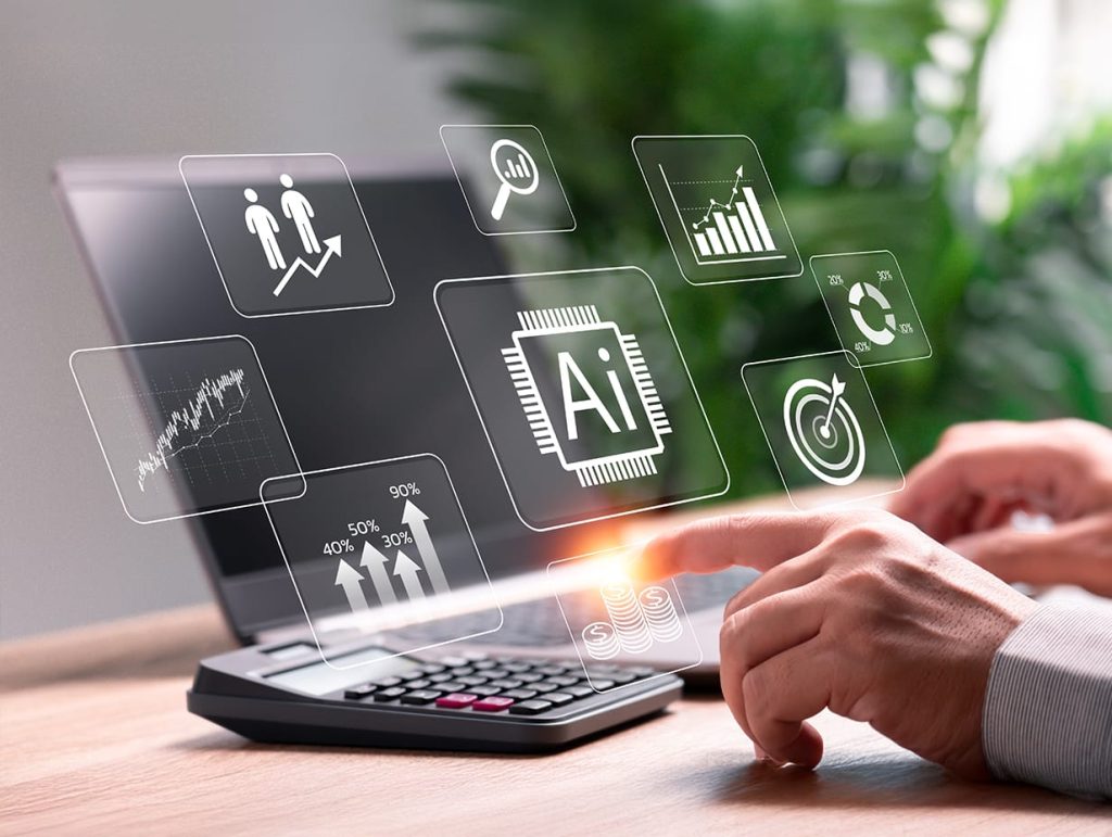 Person typing on a computer with the work ai and tech symbols overlayed on top