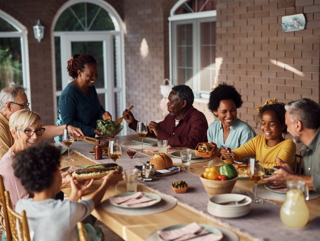 full family having dinner enjoying the company